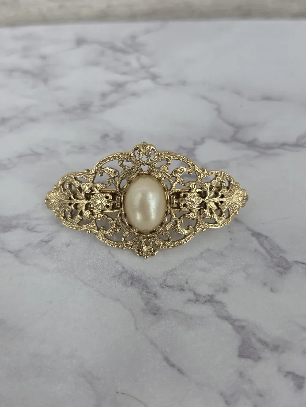 Vintage French Hair Barrettes Gold-Tone Vintage Floral Filigree Pearl Accent